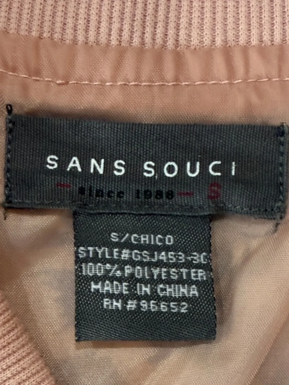 Sans Souci Blush Pink W Blue & White Floral Design Cropped Satin Bomber Jacket